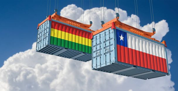 Грузовые контейнеры с национальными флагами Чили и Боливии. 3D рендеринг  - Фото, изображение