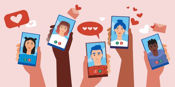 Dating app, phone in hand isolated. Flat vector illustration. Phone with dating app. Concept for online dating, flirting, internet dating. Online flirting illustration - Vector, Image