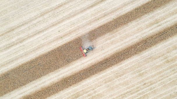 トウモロコシの収穫を結合する空中ショット。畑の切断大麦の茎をゆっくりと乗って収穫機の上を飛ぶ。農場で働く農業機械。収穫の概念。トップ表示. - 写真・画像