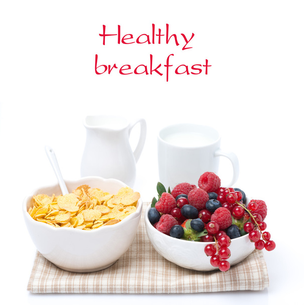 assorted fresh berries, corn flakes and milk, isolated - Foto, Imagem
