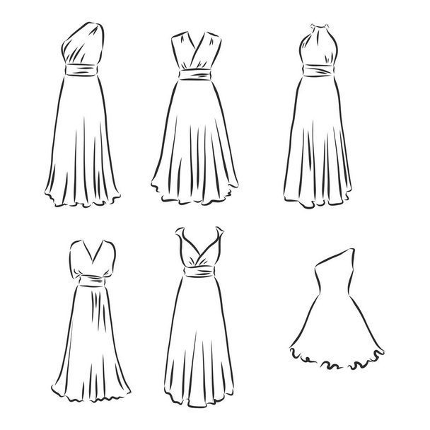 Hand drawn vector clothing set. of trendy maxi dresses isolated on white. - Vector, afbeelding
