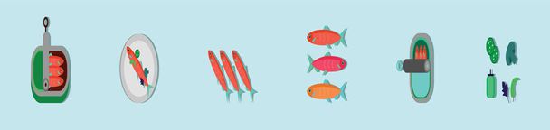conjunto de sardinas enlatadas o alimentos para peces. plantilla de diseño icono de dibujos animados con varios modelos. ilustración vectorial moderna aislada sobre fondo azul - Vector, imagen
