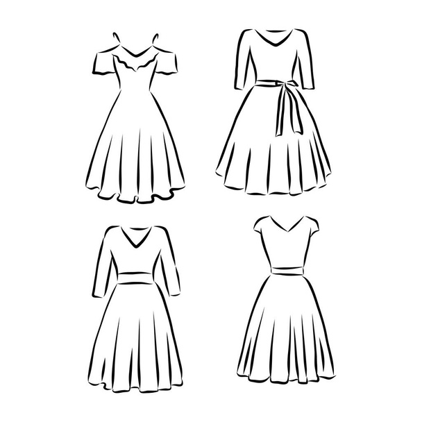 Set di abbigliamento vettoriale disegnato a mano. di maxi abiti alla moda isolati su bianco. - Vettoriali, immagini