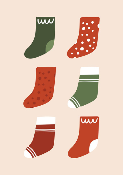 冬の靴下とお祭りのクリスマスイラスト。ポスターや冬の装飾デザインのための手描きベクトルグリーティングカード。クリスマス・テンプレート。メリークリスマスとハッピーニューイヤーのポストカード - ベクター画像