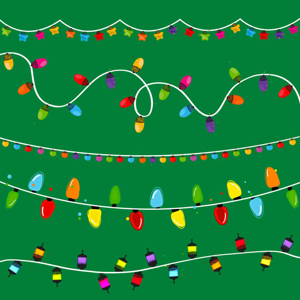 Colección de bombillas. Set de luces navideñas para navidad diseño de tarjetas de felicitación de navidad fondo verde - Vector, imagen