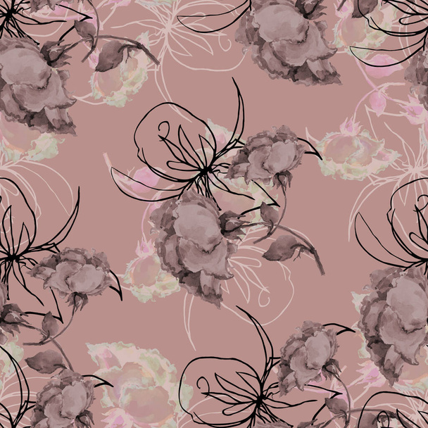 Fleurs de jardin rose peinture à l'aquarelle avec rose noir graphique. Motif floral sans couture sur fond beige. - Photo, image