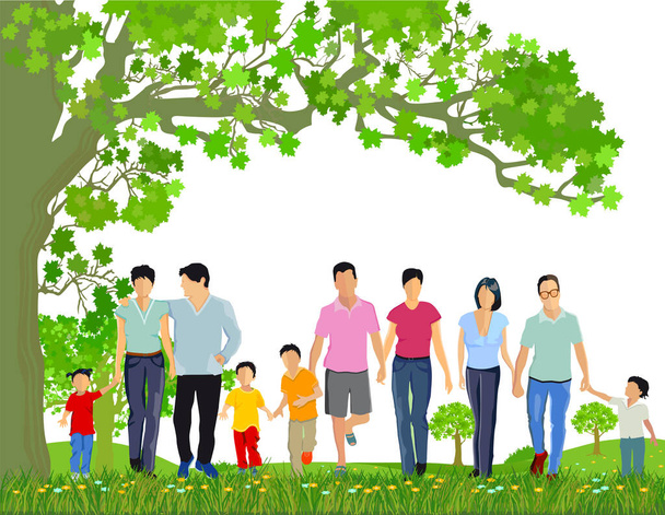 Famílias com crianças na ilustração da primavera - Vetor, Imagem