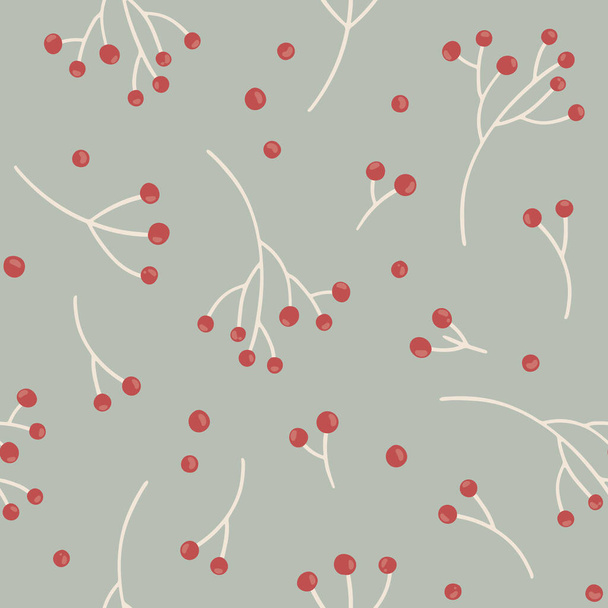 Seamless vector pattern with rowan berries. Floral hand drawn background for winter holidays, Christmas design. Botanical pattern in flat style for wrapping paper and textile - Vector, Image