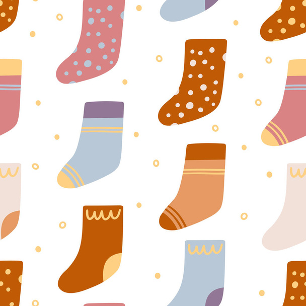 Seamless vector pattern with Christmas socks. Festive background for winter holidays and decorative design. Surface backdrop for wrapping paper, wallpaper and fabric - ベクター画像