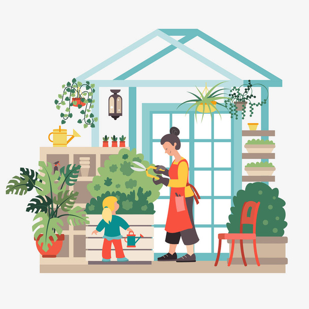 Una joven con una pequeña hija riega flores en un invernadero casero. Ilustración vectorial - Vector, Imagen
