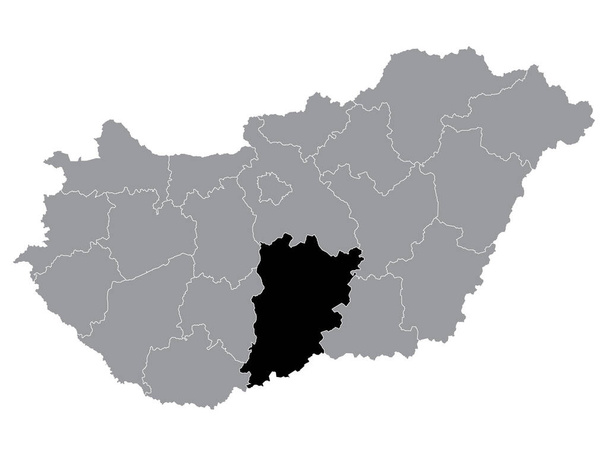 Czarna mapa lokalizacji Węgierskiego Regionu Bacs Kiskun w obrębie Szarej mapy Węgier - Wektor, obraz