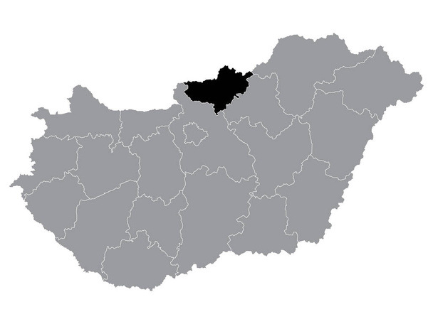 Czarna mapa lokalizacji Węgierskiego Regionu Nograd w Szarej Mapa Węgier - Wektor, obraz