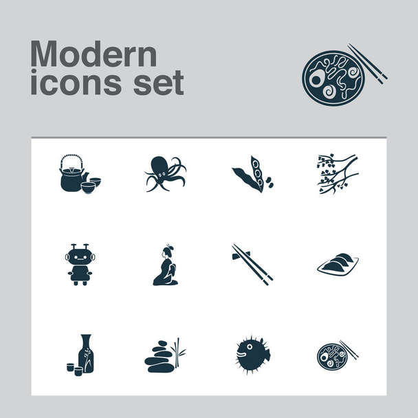 Icone della cultura con geisha, pesce palla, pietre di equilibrio e altri elementi ceramici. Isolato vettoriale illustrazione cultura icone. - Vettoriali, immagini
