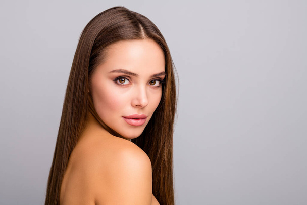 Close up photo of charming lovely girl have ideal perfect skin she get from skincare bodycare spa salon treatment look good isolated over grey color background - Фото, зображення