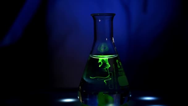 Reakce vyvolaná světlem, kterou provádí evropská vědkyně v chemické laboratoři pod UV světlem ve zpomaleném videu pro vývoj medicíny - Záběry, video