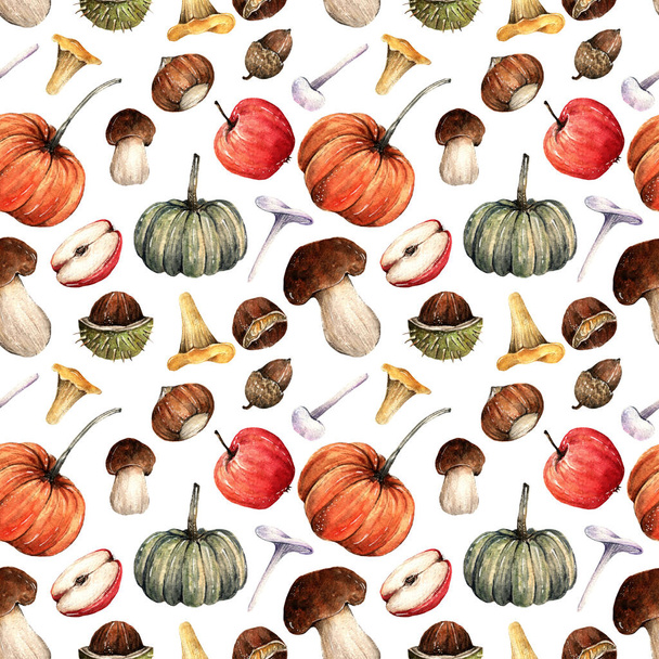 Watercolor illustration. Autumn. pumpkins, mushrooms, apples, chestnuts, handmade,seamless pattern,light background - Photo, Image