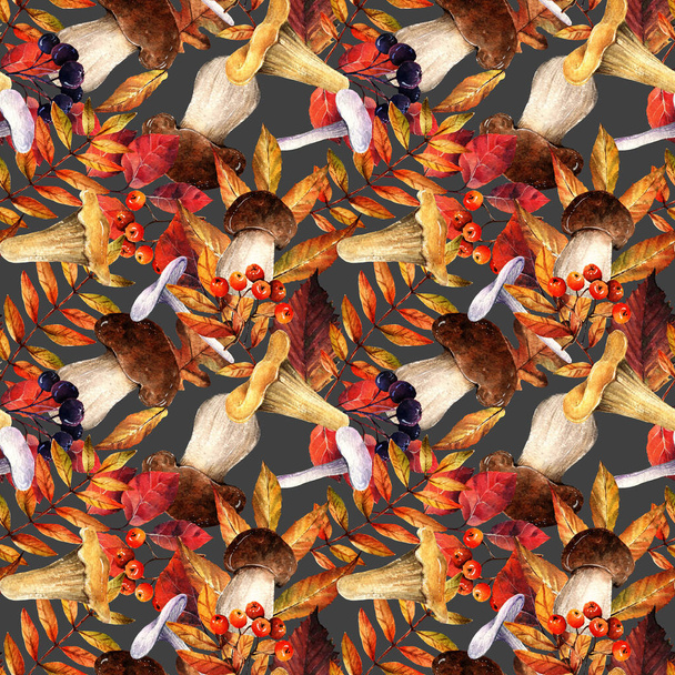 Watercolor illustration. Autumn. mushrooms, chestnuts, leaves, card for you, handmade,seamless pattern,dark background - Φωτογραφία, εικόνα