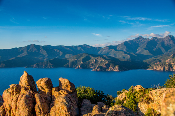 Panoraamanäkymät Portonlahdelle kalliolla etualalla, Korsika. Laadukas kuva. Kopioi tilaa merkeille tai kirjaimille. - Valokuva, kuva