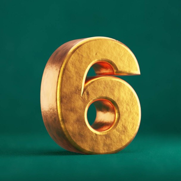 Fortuna Gold Number 6 sur fond vert marée. Tendance couleur police type symbole. 3d rendu. - Photo, image