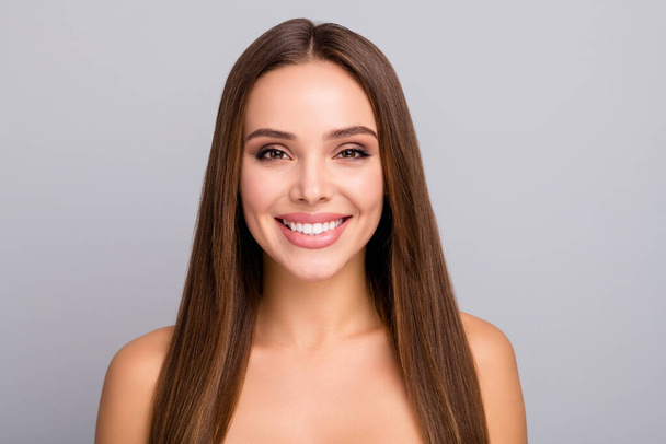 Close-up portrait of her she nice-looking attractive lovely charming cheerful cheery straight-haired girl perfect skin facial serum effect isolated over gray pastel color background - Foto, Imagen