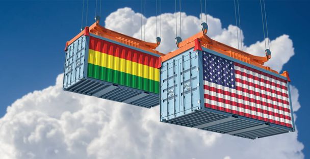 Contenitori merci con bandiere nazionali USA e Bolivia. Rendering 3D  - Foto, immagini