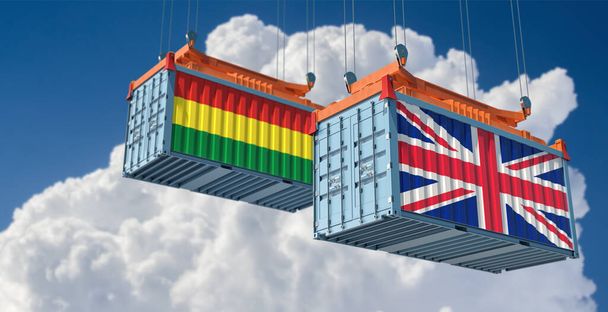 Áruszállító konténerek az Egyesült Királyság és Bolívia nemzeti lobogóival. 3D Renderelés  - Fotó, kép