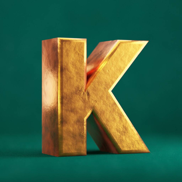 Fortuna Gold Letter K uppercase on Tidewater Green background (англійською). Типовий символ кольорового шрифту. 3d рендеринг. - Фото, зображення