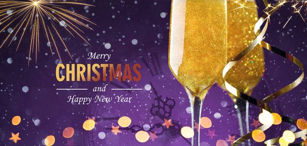 Champagne glasses with fireworks and New Year clock on purple background - Valokuva, kuva