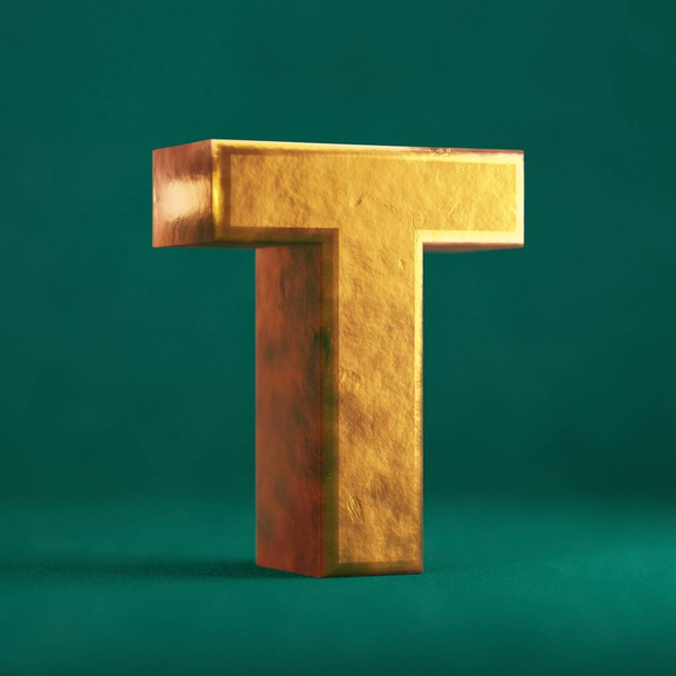 Fortuna Gold Letter T Großbuchstabe auf Tidewater Green Hintergrund. Trendfarbe Schriftart Symbol. 3D-Darstellung. - Foto, Bild