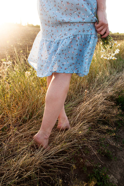 Молода дівчина гуляє по полю без взуття. Босонога жіночі ноги в траві
. - Фото, зображення