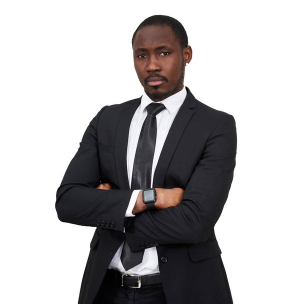 Sikeres magabiztos afro-amerikai üzletember hajtogatott karokkal elszigetelt fehér háttér  - Fotó, kép