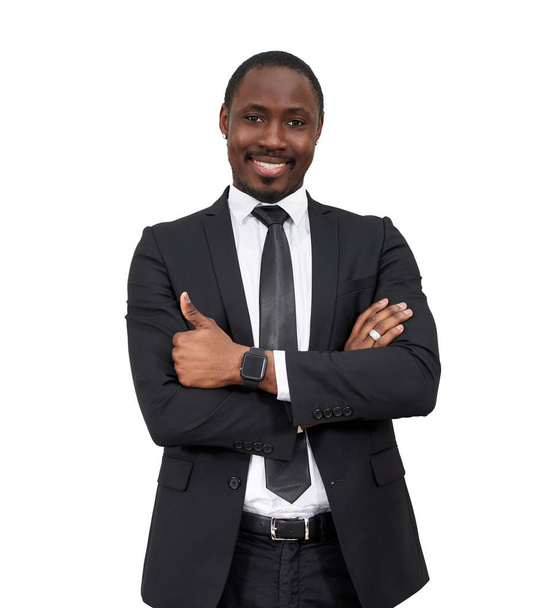 Uśmiechnięty afrykański biznesmen z odizolowanymi kciukami na białym tle  - Zdjęcie, obraz