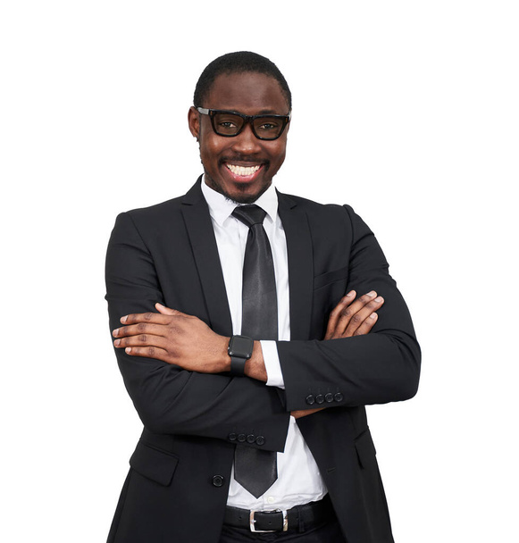 Empresário afro-americano de pé isolado sobre fundo branco rosto feliz sorrindo com braços cruzados olhando para a câmera. Pessoa positiva. - Foto, Imagem