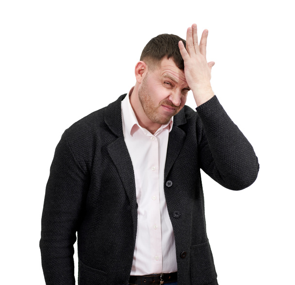 Homme d'affaires stressé avec la main sur le front sur fond blanc avec espace de copie, tristesse et concept déçu - Photo, image