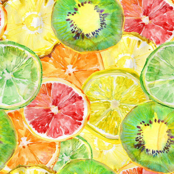 Padrão sem emenda de citrinos coloridos frescos com laranja, limão, toranja, limão e kiwi
. - Foto, Imagem