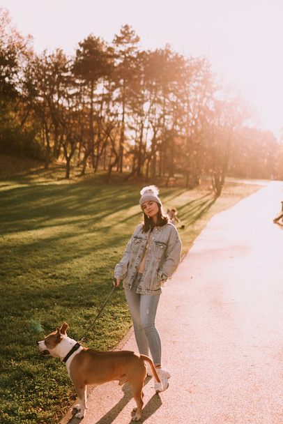 Μια νεαρή έφηβη με καπέλο και τζιν μπουφάν περπατάει στο πάρκο με τον σκύλο της, τον Αμερικάνο Στάφφορντσαϊρ Τεριέ. Ηλιόλουστη μέρα - Φωτογραφία, εικόνα