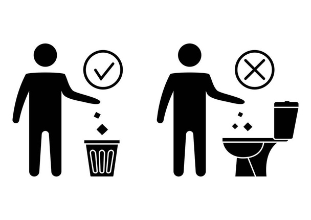 Не мусори в туалете. Туалет без мусора. Держать себя в руках. Пожалуйста, не смывайте бумажные игрушки, санитарные средства, средства гигиены. Запретная икона. Выбрасывать мусор в мусорку. Векторная иллюстрация - Вектор,изображение