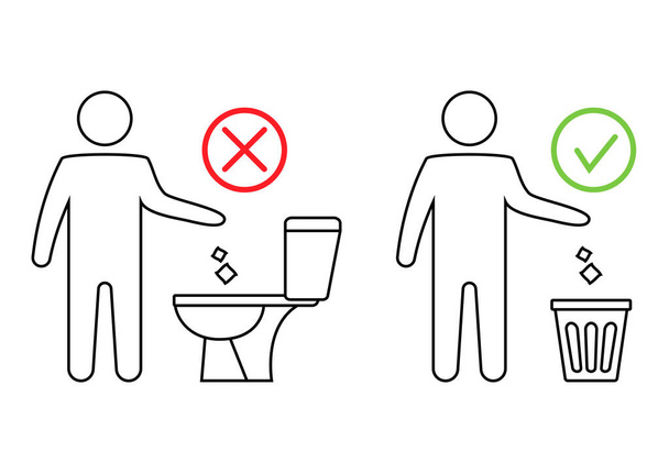 Non gettare la lettiera in bagno. Servizi igienici niente spazzatura. Mantenere la pulizia. Si prega di non lavare asciugamani di carta, prodotti sanitari, icone. Icona proibita. Gettare spazzatura in un bidone. Informazione del pubblico. Vettore - Vettoriali, immagini