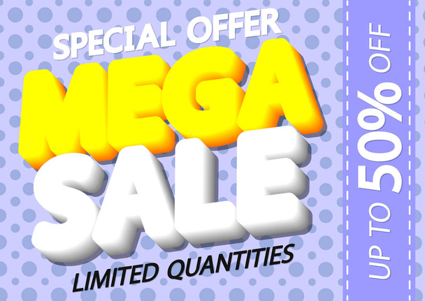 Mega Sale tot 50% korting, poster design template, besteden en opslaan meer, speciale aanbieding, einde van het seizoen, vector illustratie - Vector, afbeelding