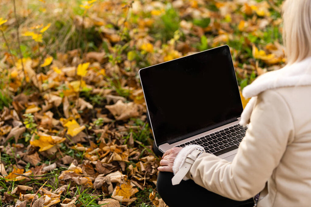 Giovane donna seduta nel parco con computer portatile - Foto, immagini