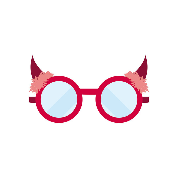 Brille mit Teufelshörnern, flach über weißem Hintergrund - Vektor, Bild