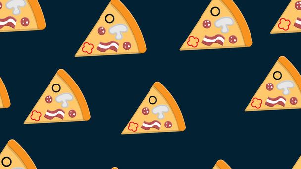 薄い生地にピザのスライス青い背景ベクトルイラストパターン。肉とハーブを詰め込んだピザチーズ。キッチン、壁紙、ファーストフード、ケータリングのデザインと装飾 - ベクター画像