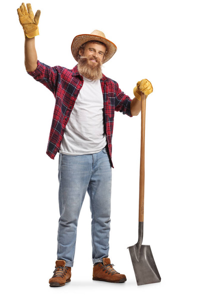 Full length portrait of a bearded farmer with a shovel waving at camera isolated on white background - Fotó, kép