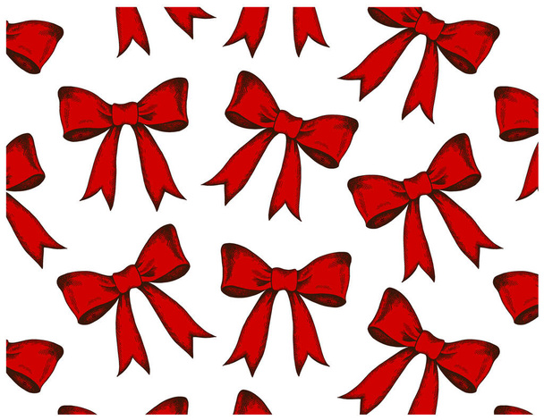 Векторная иллюстрация рисунка ручной работы с винтажными красными бантами на белом фоне. Обои с ретро-лентой. Упаковка подарков, Рождество, Новый год. Линейное искусство, стиль гравировки - Вектор,изображение