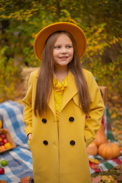 秋の装飾の横にあるオレンジの帽子、ドレス、コートのかわいい十代のブルネットの女の子-カボチャ、リンゴ、毛布、干し草。美人.  - 写真・画像