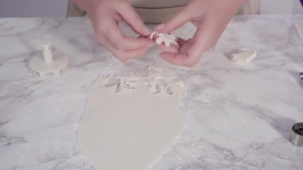 Chocolade in de vorm van kleine sneeuwvlokjes op een bakplaat. - Video