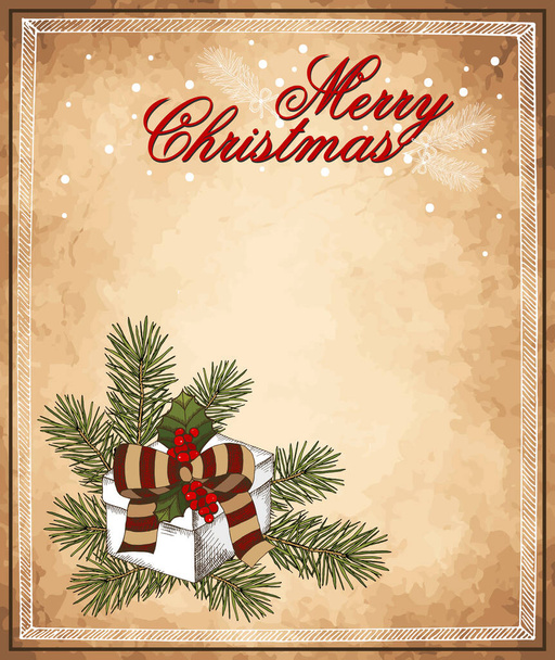 Ilustración vectorial de boceto dibujado a mano colorido cartel Feliz Navidad con regalos y árbol de Navidad. Follaje vintage, regalo de año nuevo, regalo, fondo de vacaciones. - Vector, Imagen