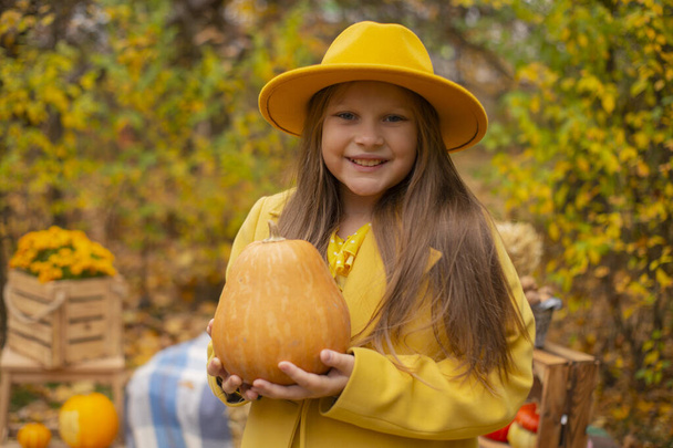 słodkie piękne nastolatek brunetka dziewczyna w pomarańczowy kapelusz, sukienka i płaszcz gospodarstwa dyni. Przytulność, jesień. - Zdjęcie, obraz