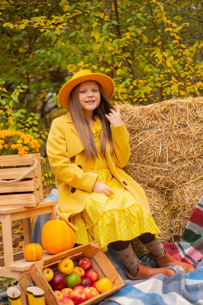 roztomilý krásný dospívající brunetka dívka v oranžovém klobouku, šaty a kabát vedle podzimní dekorace - dýně, jablka, přikrývky, seno. Útulnost.  - Fotografie, Obrázek
