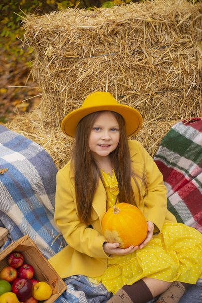 linda hermosa chica morena adolescente en un sombrero naranja, vestido y abrigo junto a las decoraciones de otoño - calabazas, manzanas, mantas, heno. Acogedor.  - Foto, Imagen
